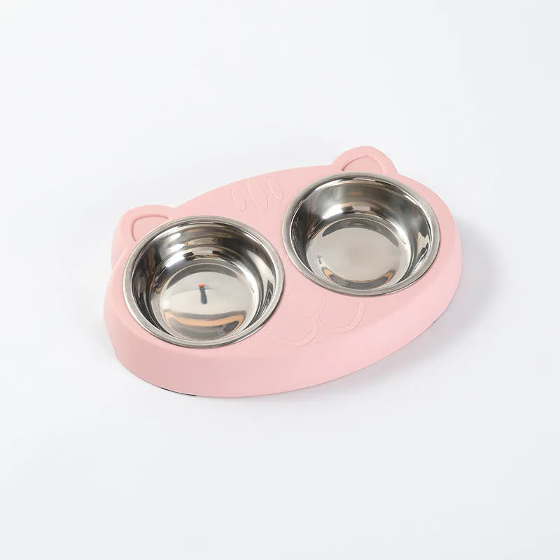 Blue plastic double bowl pet feeder tray for cat and dog food and water.