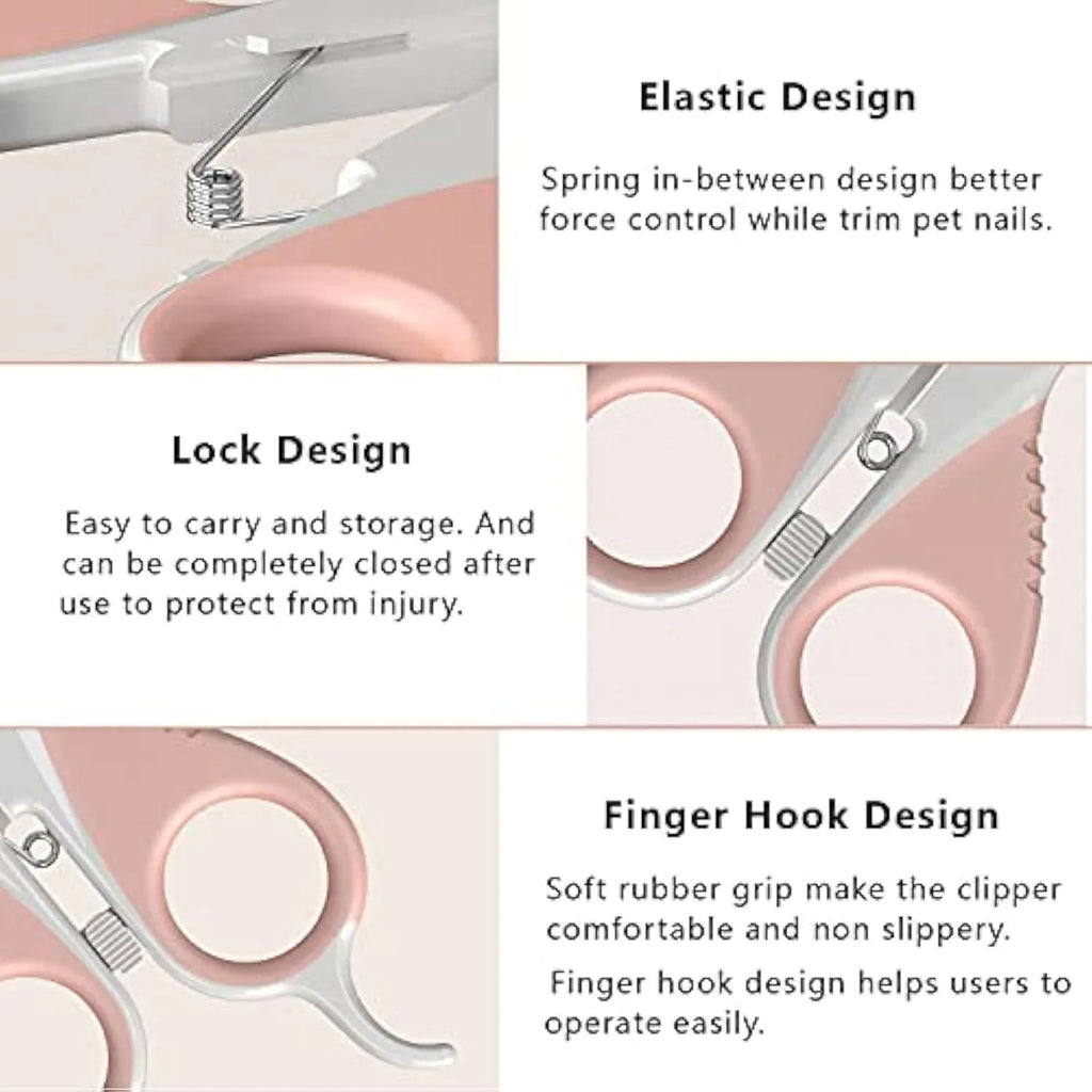 Grey and pink cat nail clippers with angled blade and safety guard for small pets