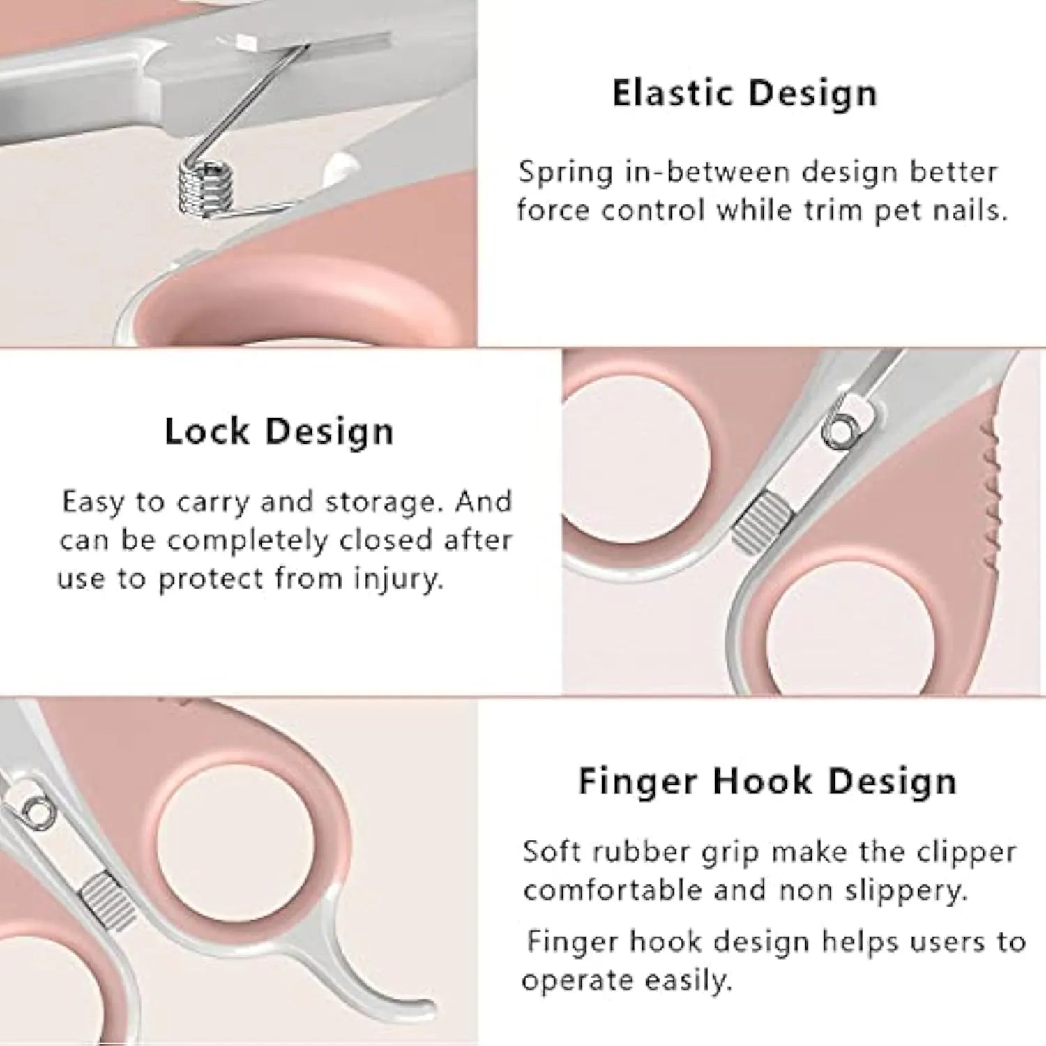 Grey and pink cat nail clippers with angled blade and safety guard for small pets
