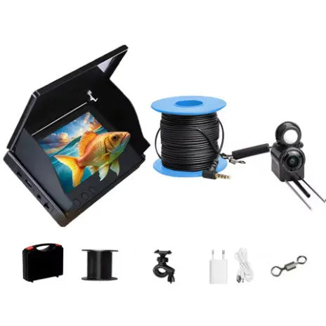 Underwater HD fish finder camera system with screen, featuring a wide-angle lens, night vision lights, and temperature sensor.