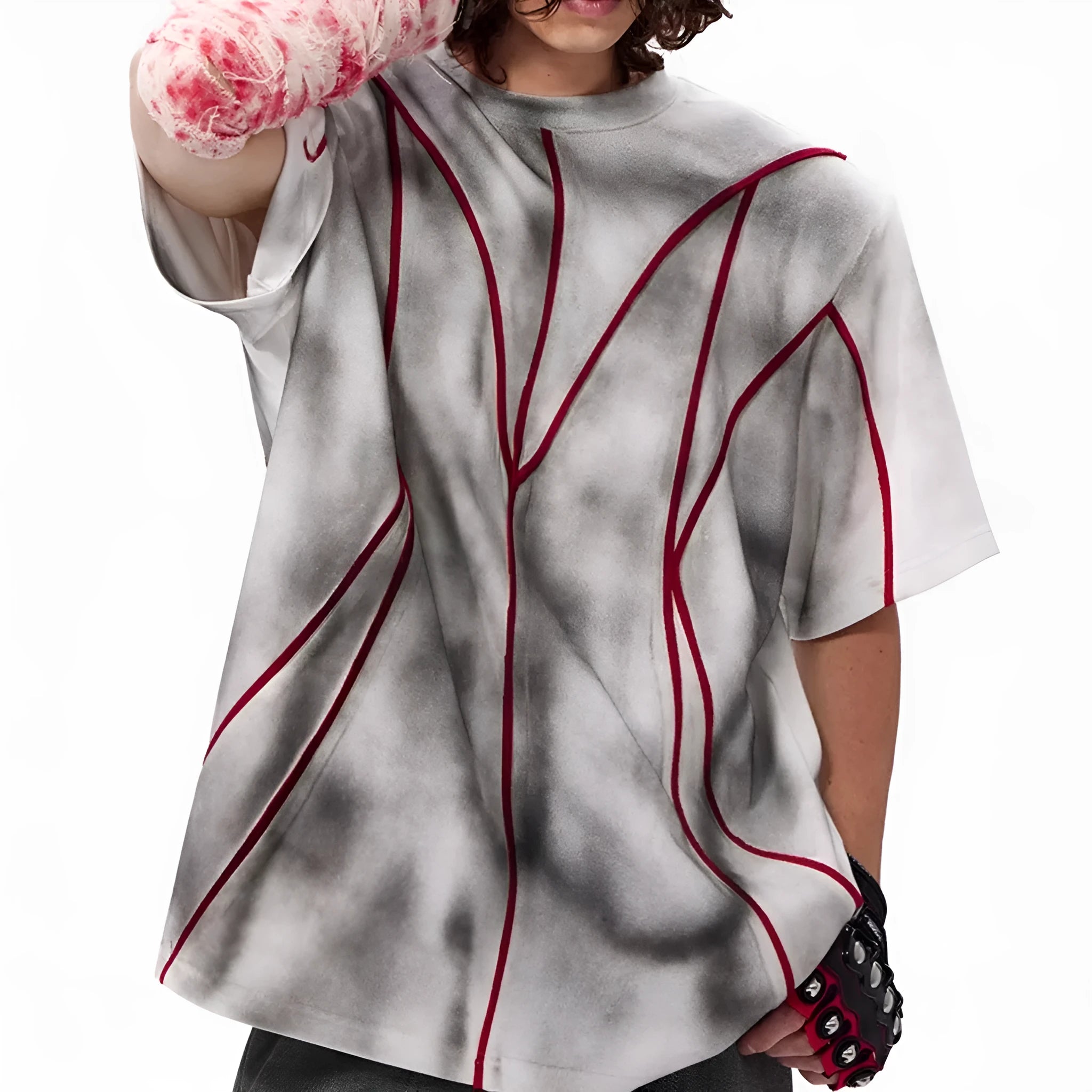 Women's padded shoulder short sleeve T-shirt with textured patchwork design on round neck top