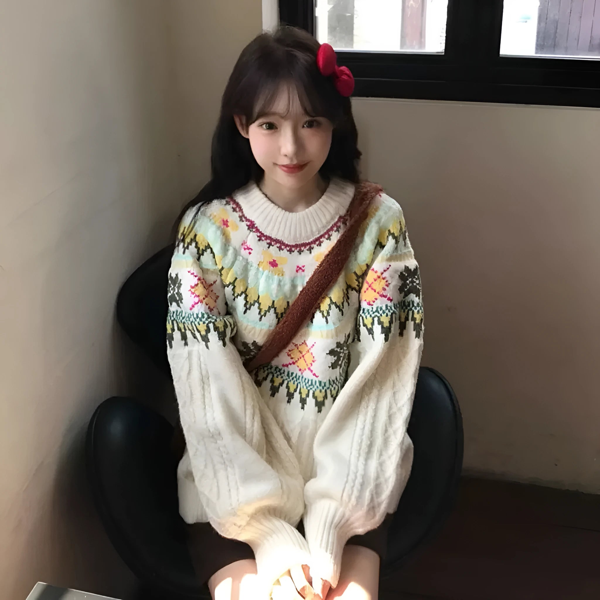 Women's Milky White lantern sleeve pullover sweater with Mori-style textured knitting