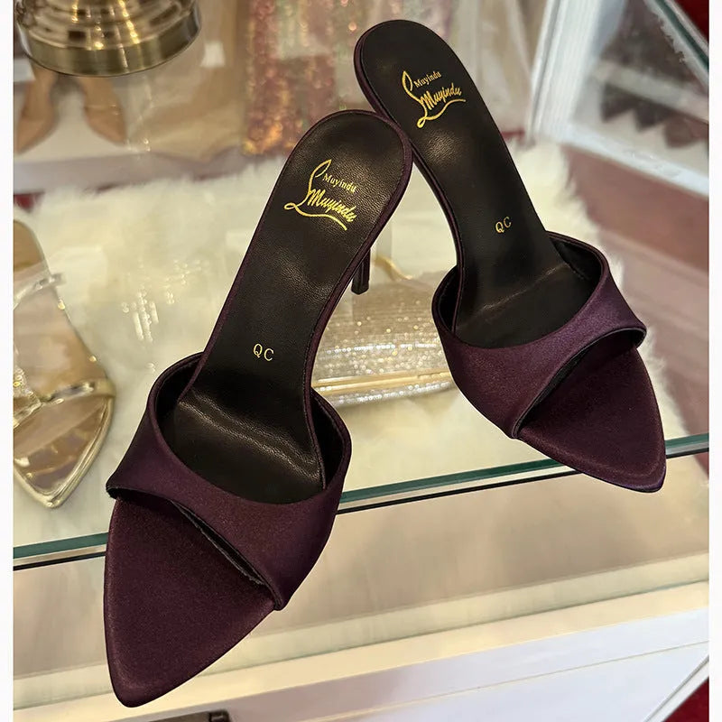 Women's black patent leather stiletto sandals with 8cm heel and pointed toe