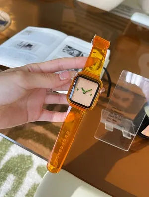 Brown transparent Apple Watch compatible replacement strap and case for Series 1-7 models