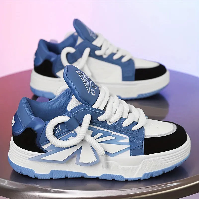Men's white thick-bottom Harajuku sneakers with cartoon pattern and chunky rubber sole