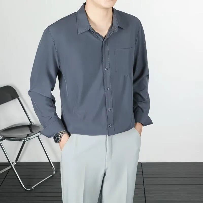 Korean-style loose long-sleeved men's linen-silk shirt in solid colour with wrinkle-free finish