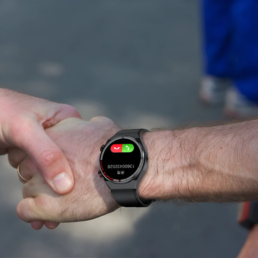 Black rotary key Bluetooth smart watch with brown genuine leather strap on a wrist.