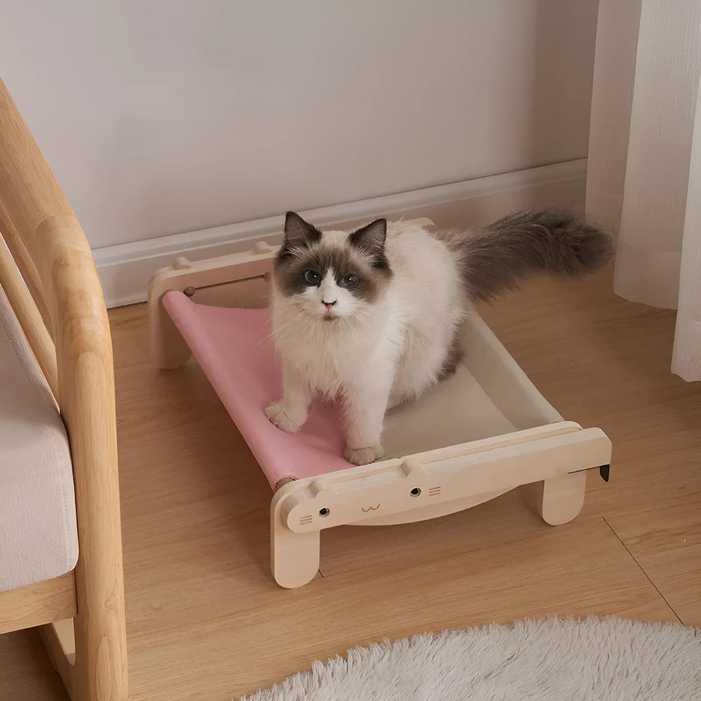 Solid wooden pet bed with removable fabric mat in grey blue colour option