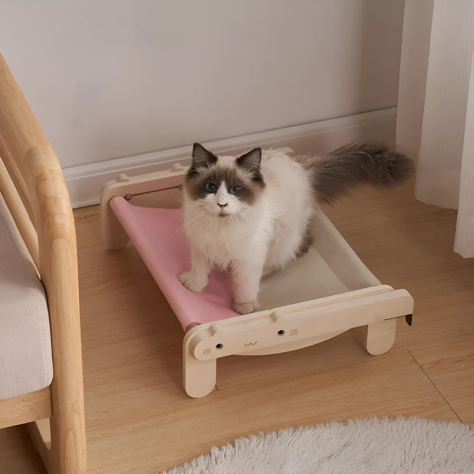 Solid wooden pet bed with removable fabric mat in grey blue colour option
