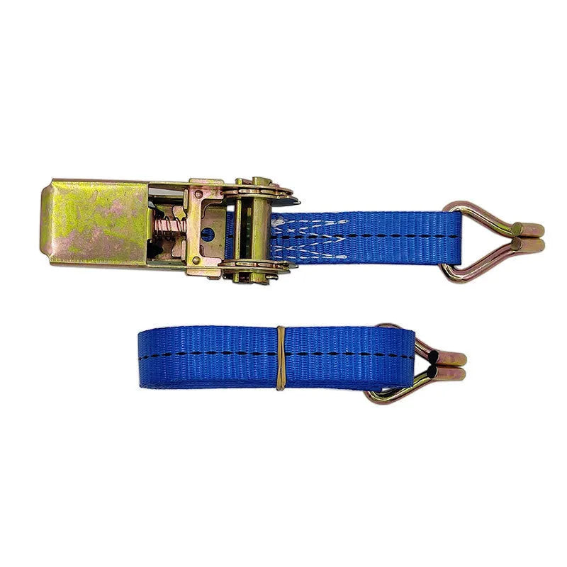 Steel ratchet tensioner with double hooks on a grey polyester fastening strap for cargo binding