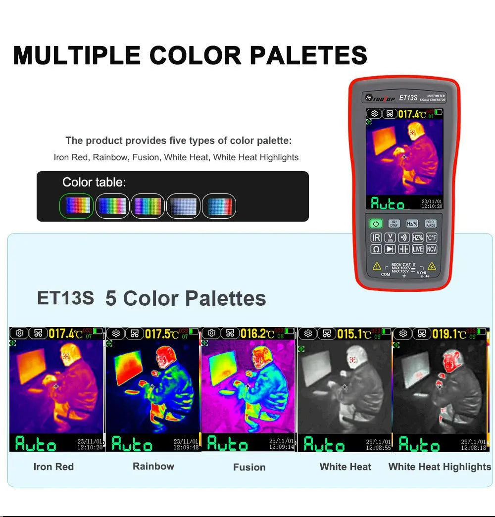 ET13S Pro handheld thermal imaging camera and infrared thermometer on a workbench.