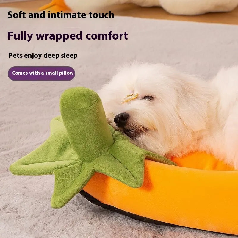 Brown removable cloth dog mat shown inside a wire crate, with size chart for S, M, L, XL, and XXL options.