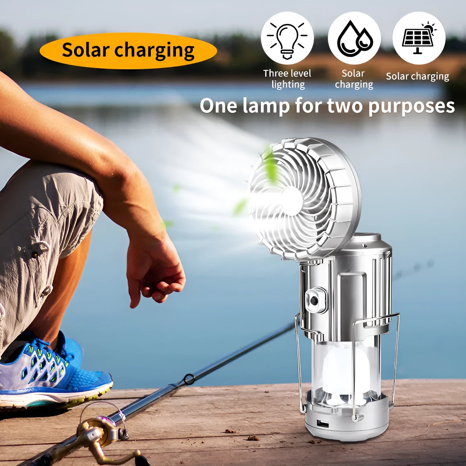 Solar electric fan lantern with waterproof casing and LED light in silver colour for camping use