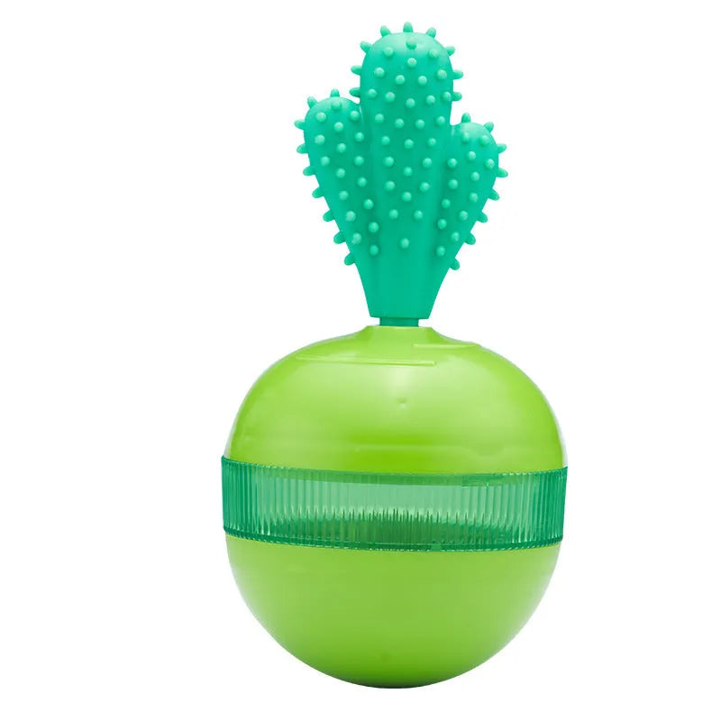 Blue and green durable rubber interactive treat dispensing tumble ball dog toy with small holes