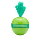 Blue and green durable rubber interactive treat dispensing tumble ball dog toy with small holes