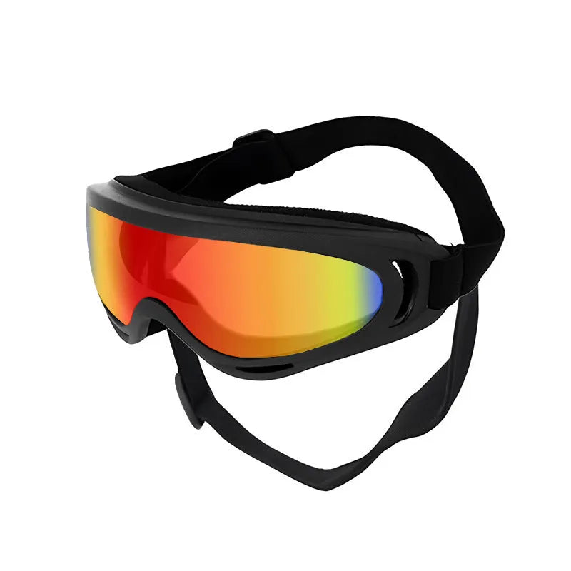 Dog windproof PVC pet glasses, 18x8x7cm, shown in five lens colours including black, clear and dazzling red.