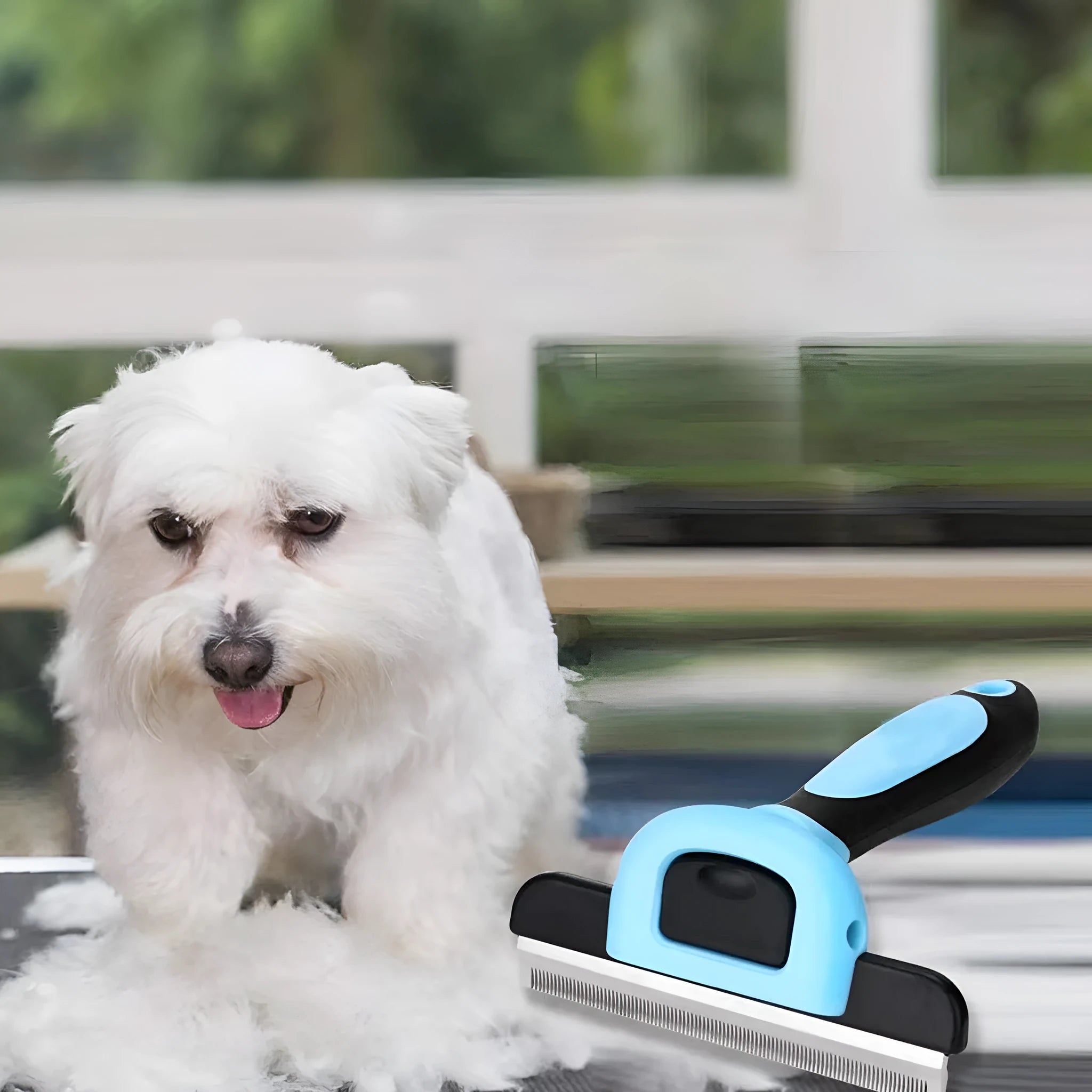 Removable knot opener pet hair removal comb in stainless steel, large size, blue colour, on a white background