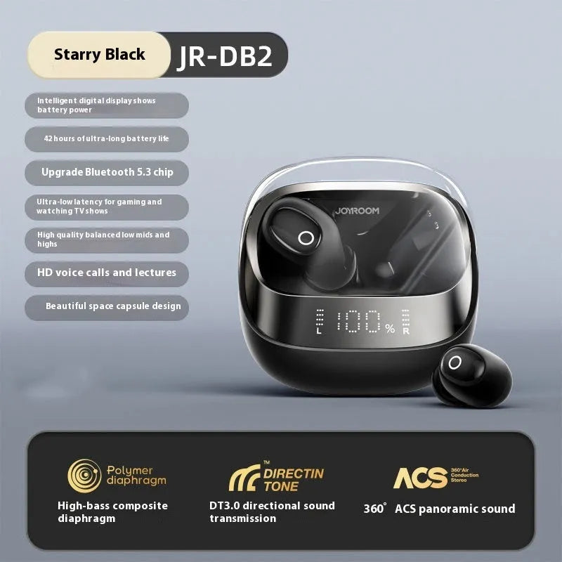 Dawn White and Starry Sky Black wireless Bluetooth in-ear headphones with a compact charging case.