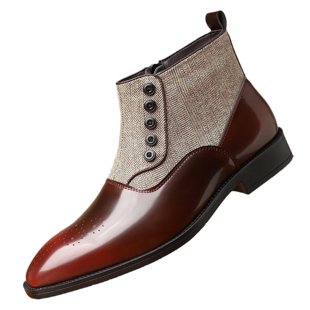 Brown and green men's retro formal shoes with square toe, side zip, and low square heel.