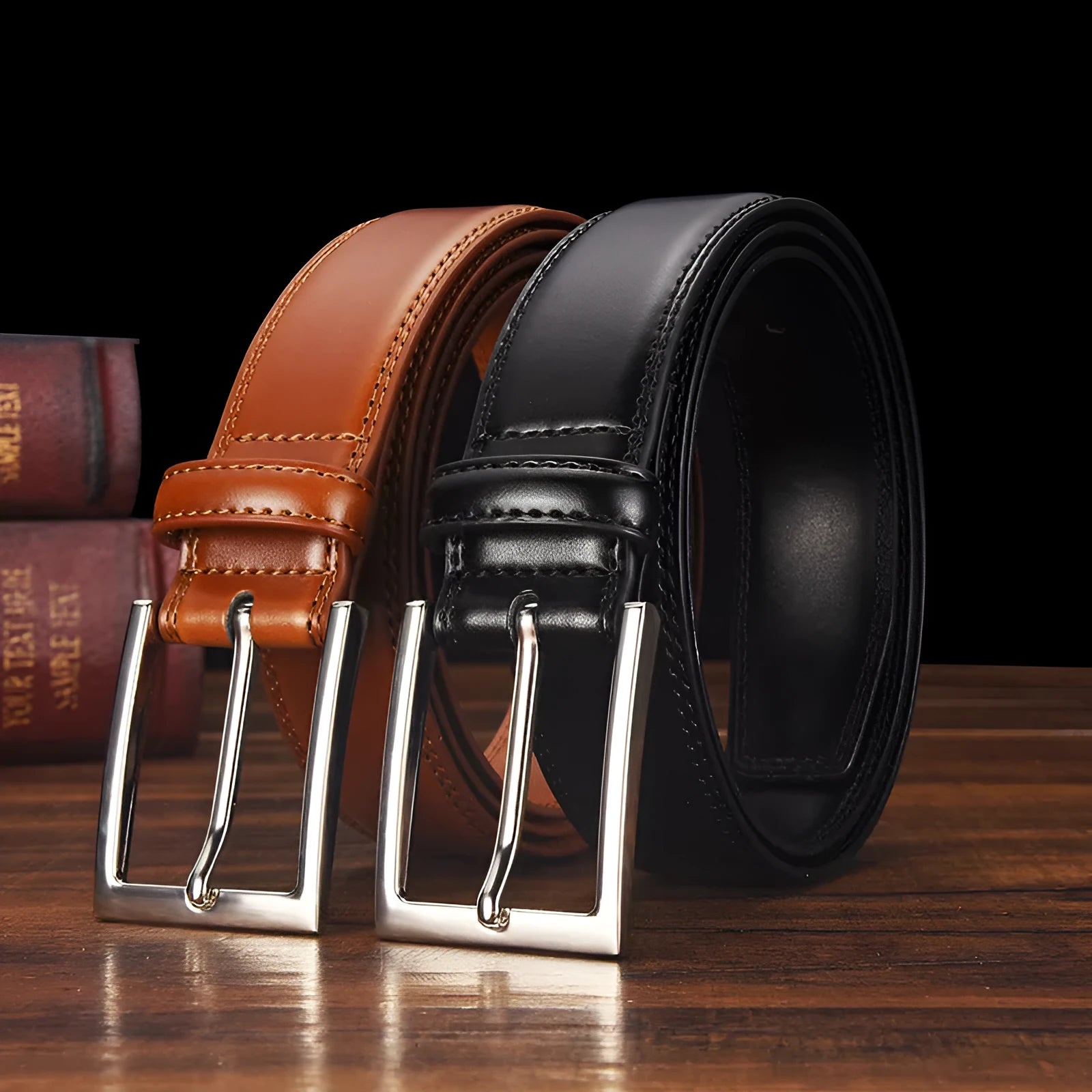Men's black genuine leather belt with silver alloy pin buckle on a flat surface