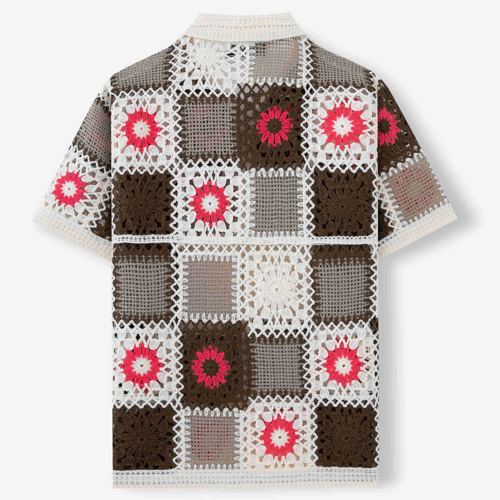 White crocheted dress sweater with hollow bandage pattern and short sleeves