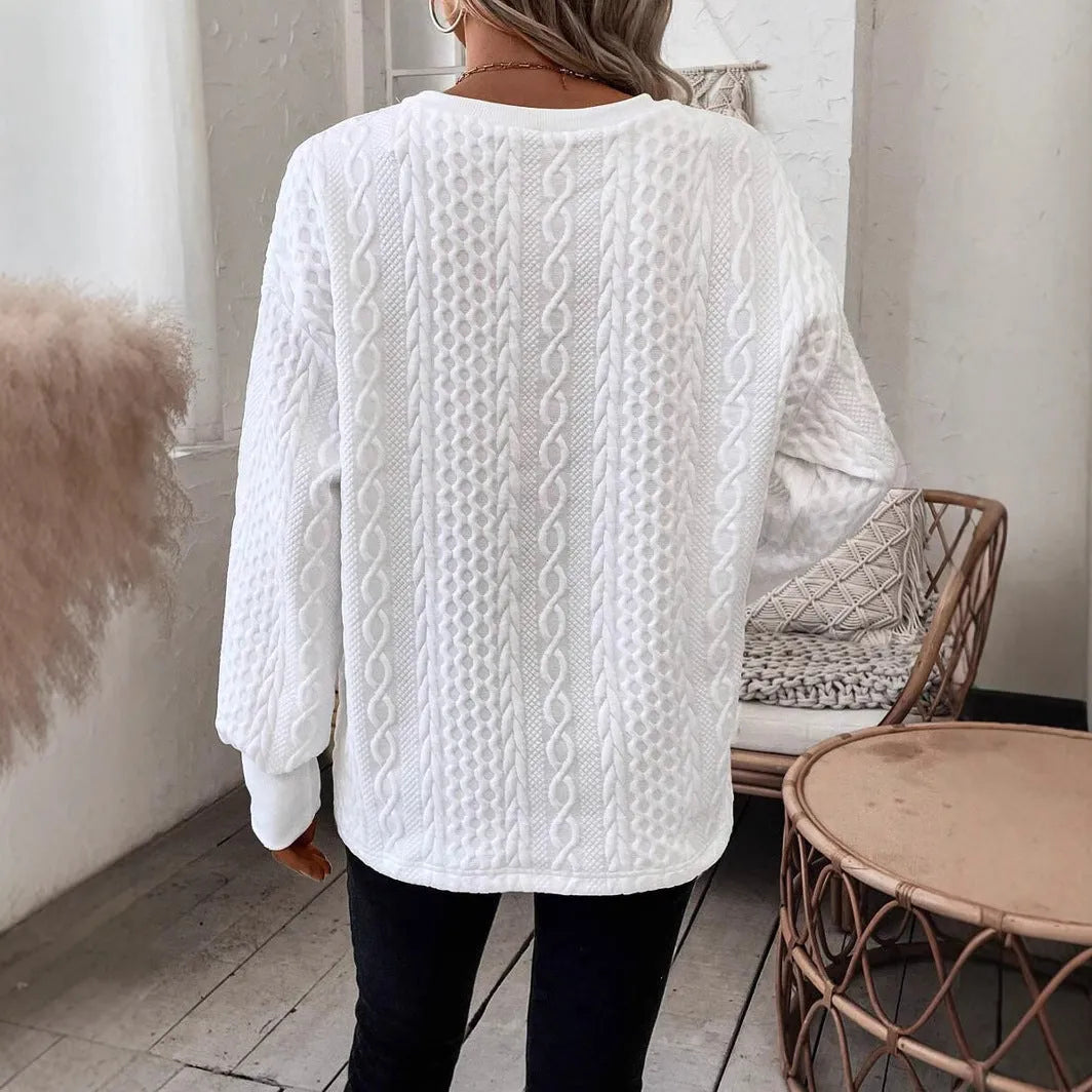 Woman's loose fit milky white long sleeve T-shirt with 3D pattern detail