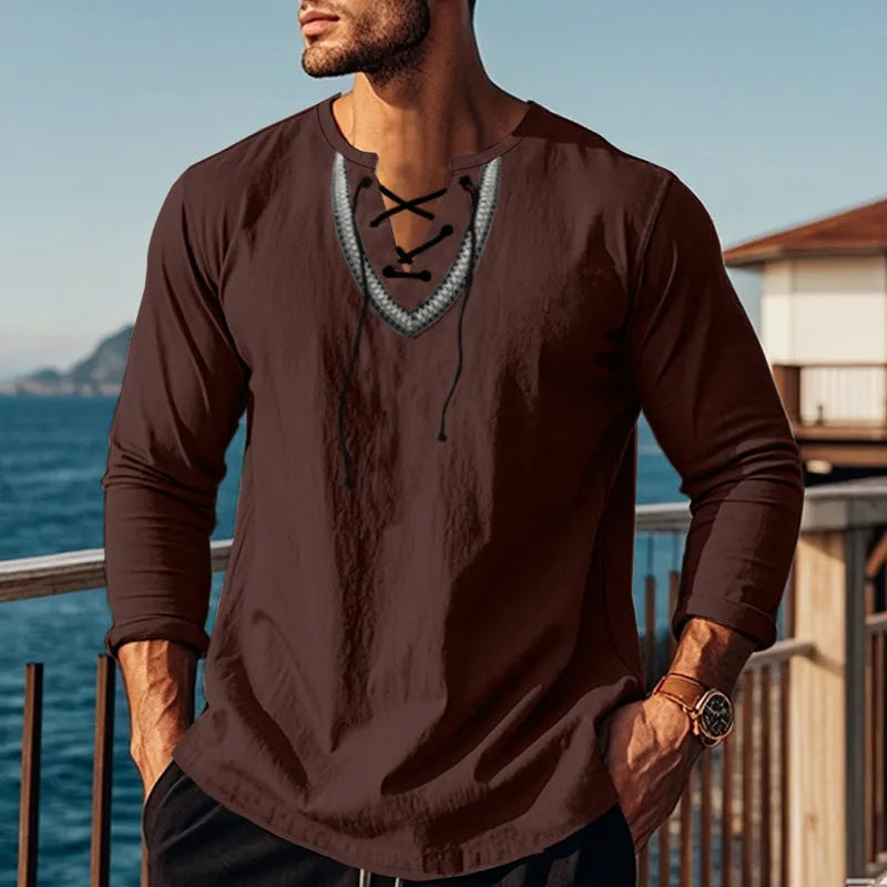 Men's cotton blend pullover retro ethnic style casual long-sleeved shirt in loose fit navy blue