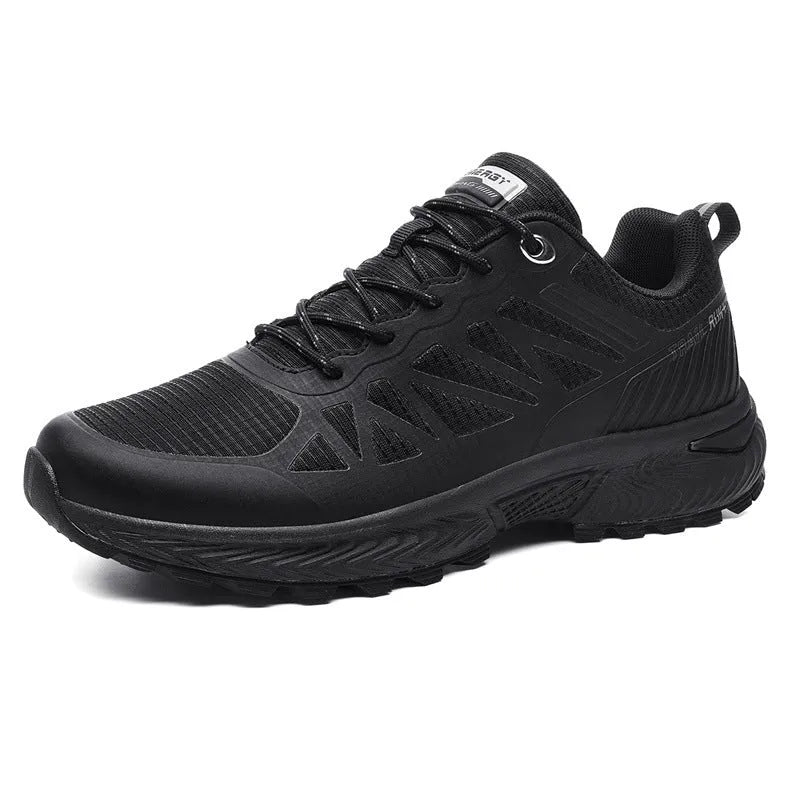 Men's black and orange plus size outdoor running shoes with mesh upper and lace-up front.