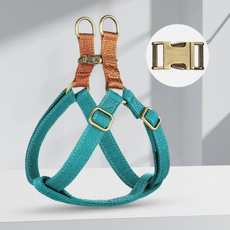 Brown vest style dog leash with nylon harness and cotton handle shown on medium sized dog