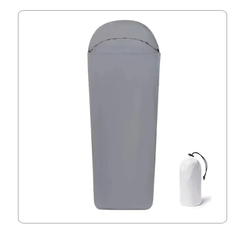 Blue or green lightweight nylon mummy-style camping sleeping bag for adults.