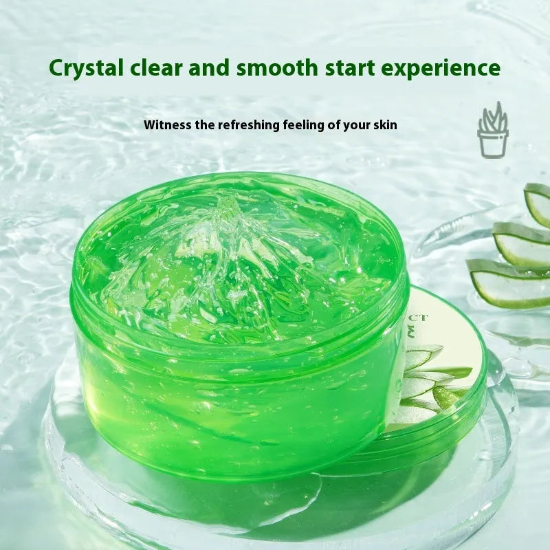 Jar of 98% aloe vera gel 300g with a measuring spoon for acne control and hydration