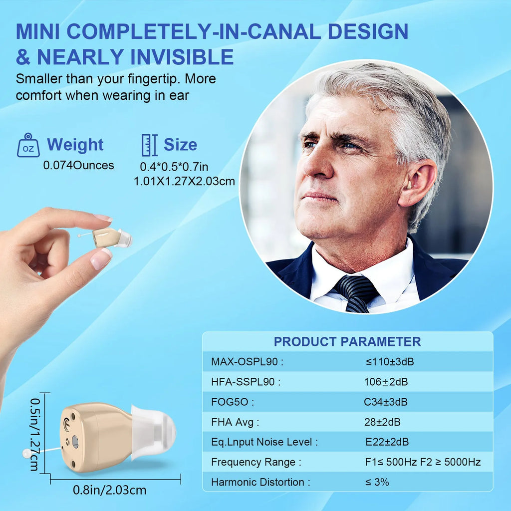 White skin noise reduction hearing aid with digital display and magnetic charging case