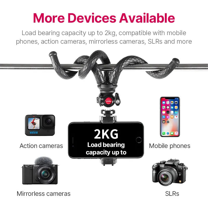 Black flexible octopus leg tripod with mobile phone clip attached, FT-01 model.