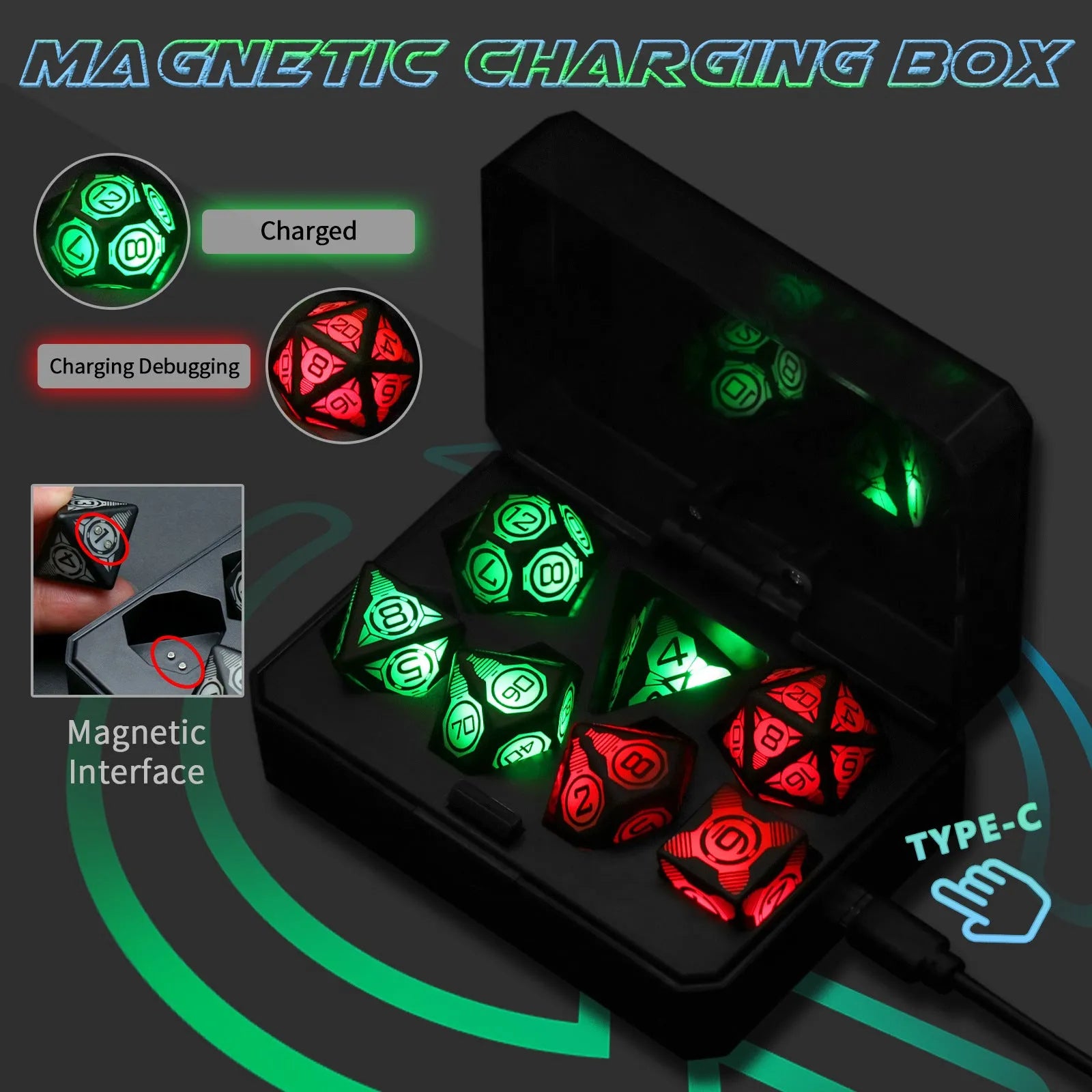 Charging luminous dice chip LED set with USB rechargeable, ABS plastic, 13x9x4cm, available in Colourful White Flash