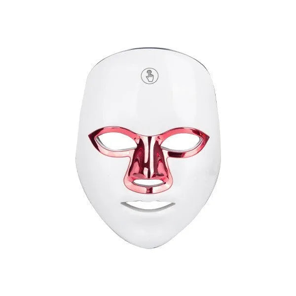 Rechargeable manual touch LED beauty mask in white gold rim, rose gold rim, or black gold rim finish.