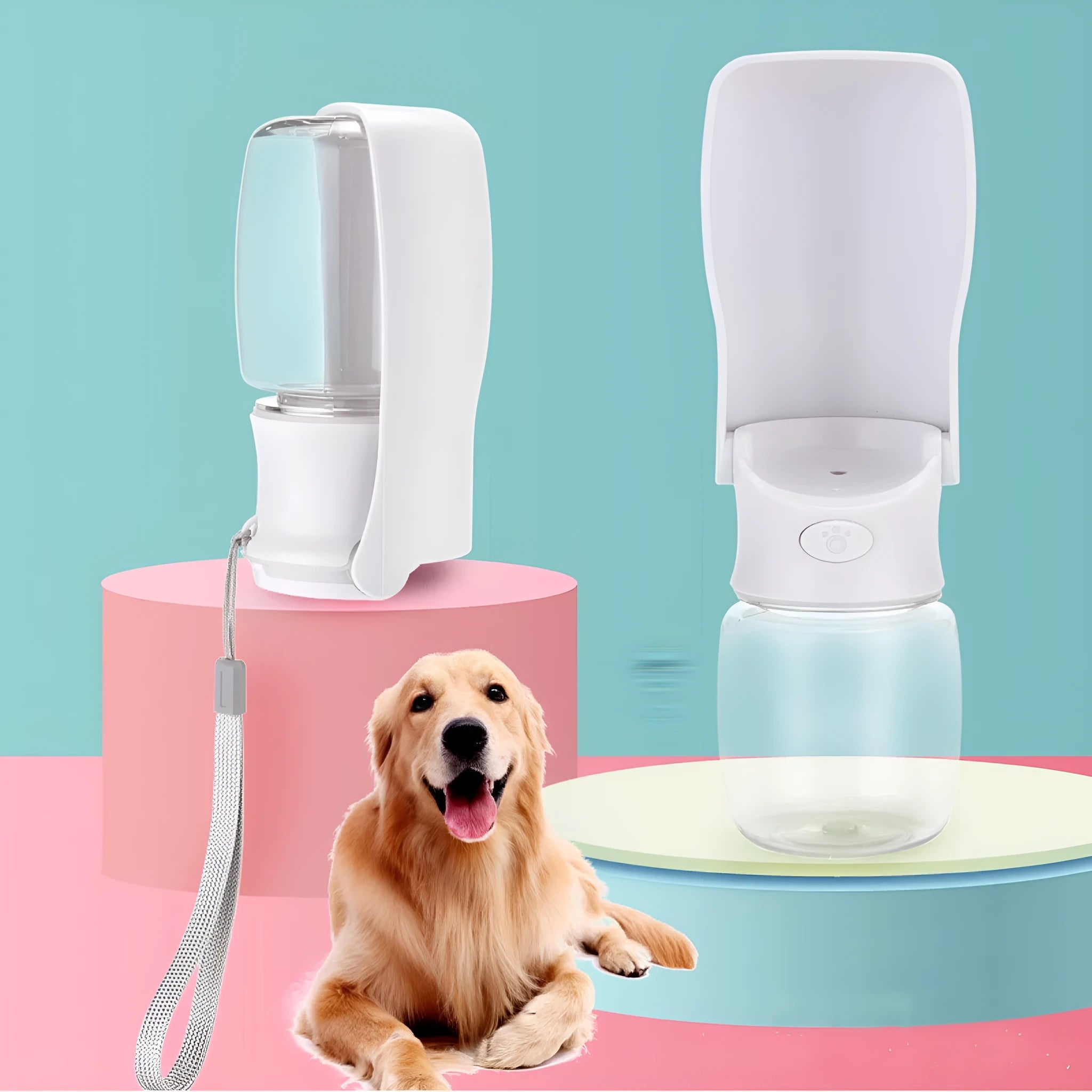 Foldable blue dog water bottle showing collapsed and expanded states with dispenser mechanism