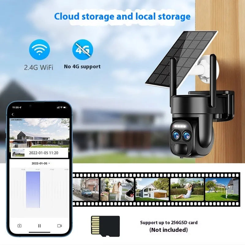 Solar panel security camera with 8x zoom lens for home surveillance.