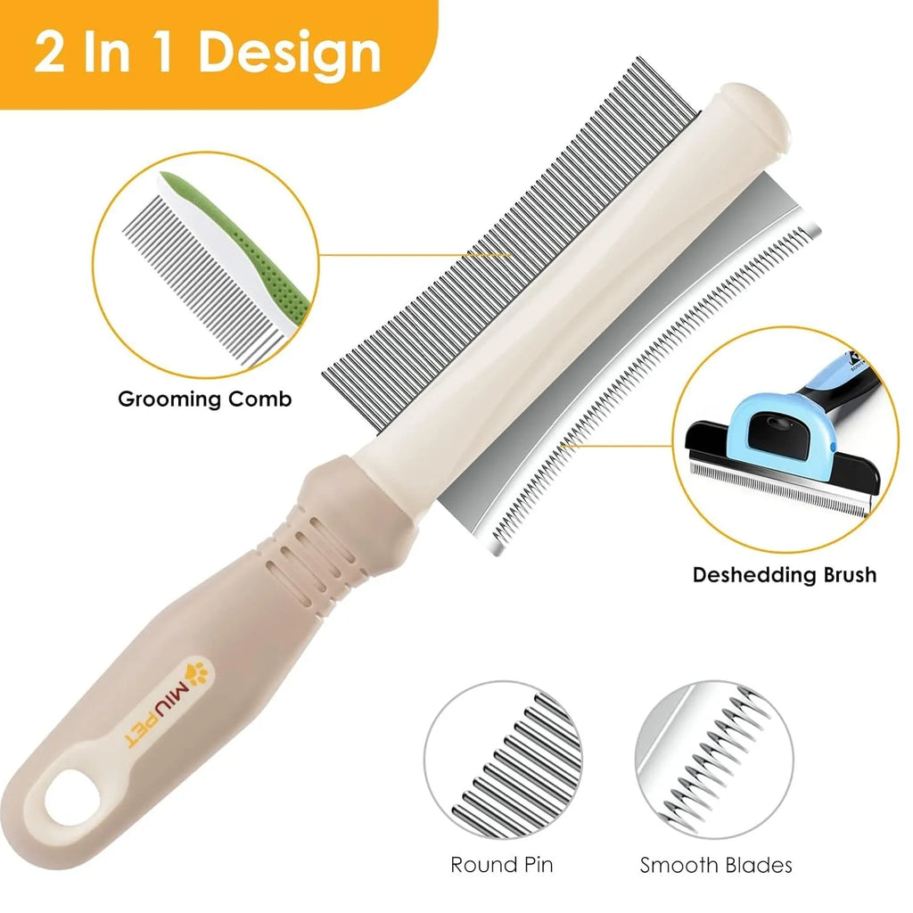 White 2 in 1 dog cat deshedding brush with curved comb and anti-slip handle measuring 230x60mm