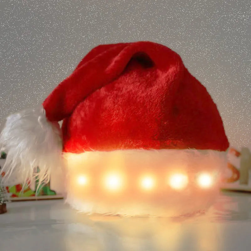 Red and white LED Christmas Santa hat with pom-pom and multi-colour lights