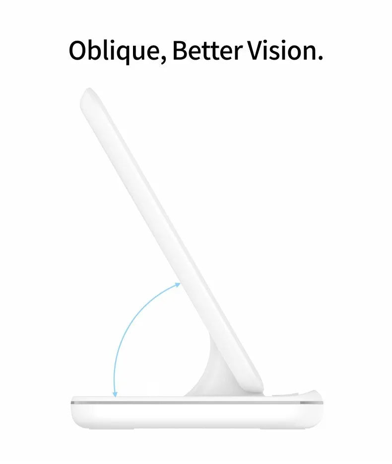 White three-in-one wireless charging stand for mobile phone smartwatch and headset on desktop