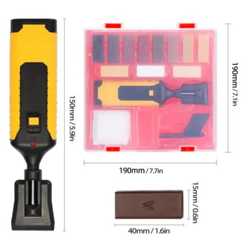 Floor tile repair tool set with red or yellow handle options and wax sticks for DIY furniture restoration