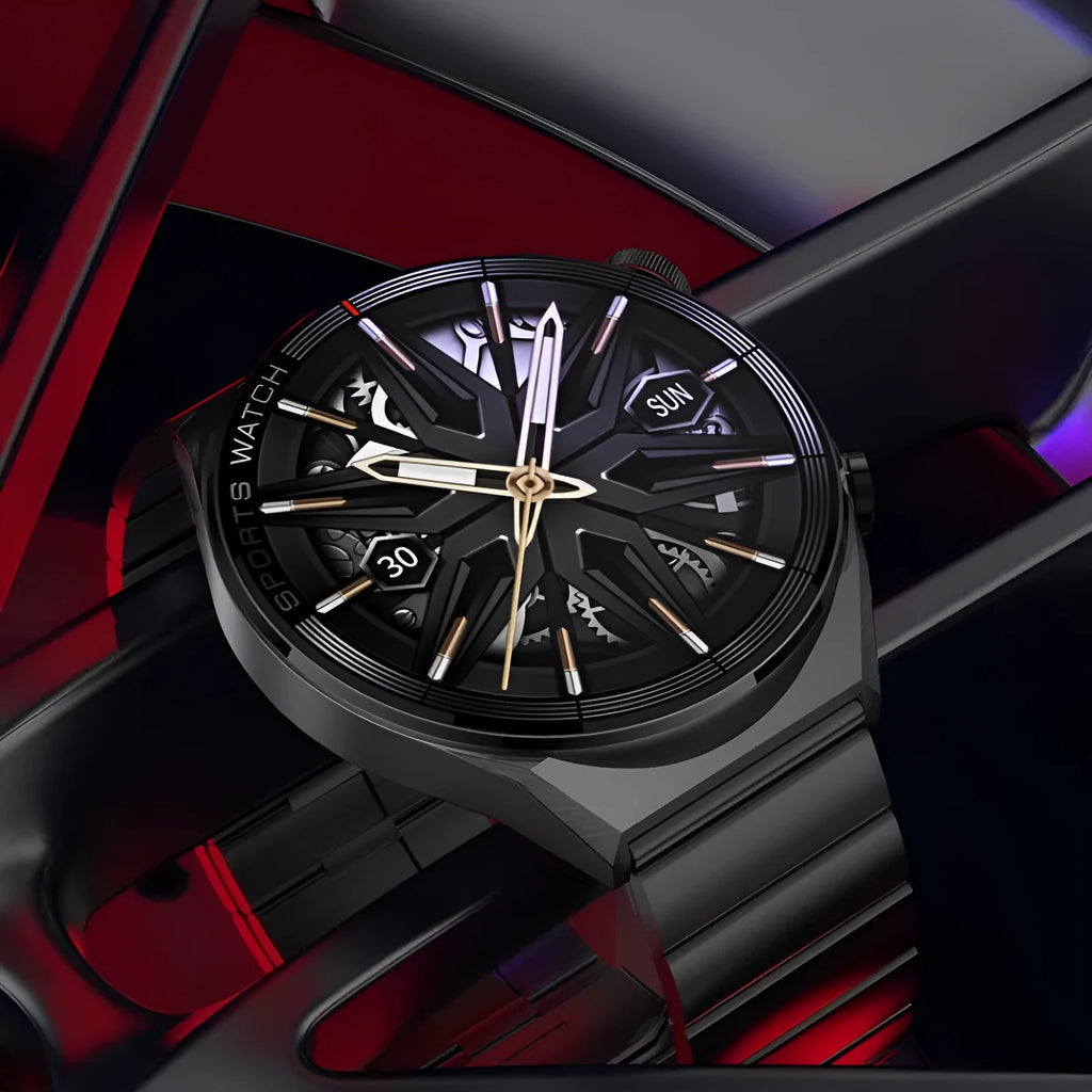 Black steel smart watch with TFT screen showing heart rate and time on wrist