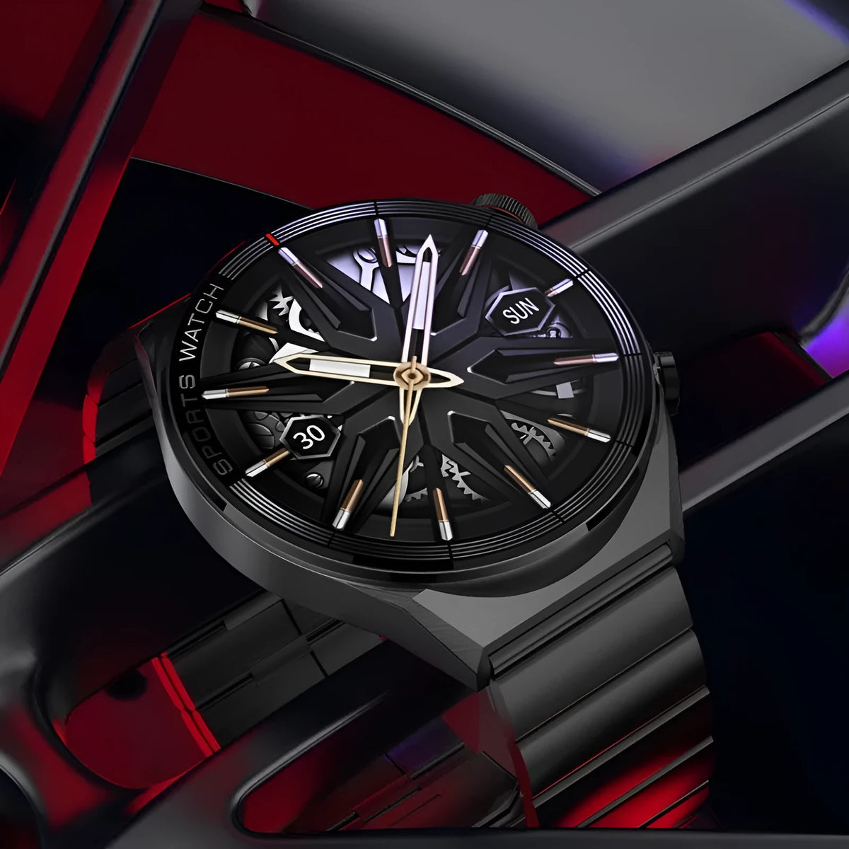 Black steel smart watch with TFT screen showing heart rate and time on wrist