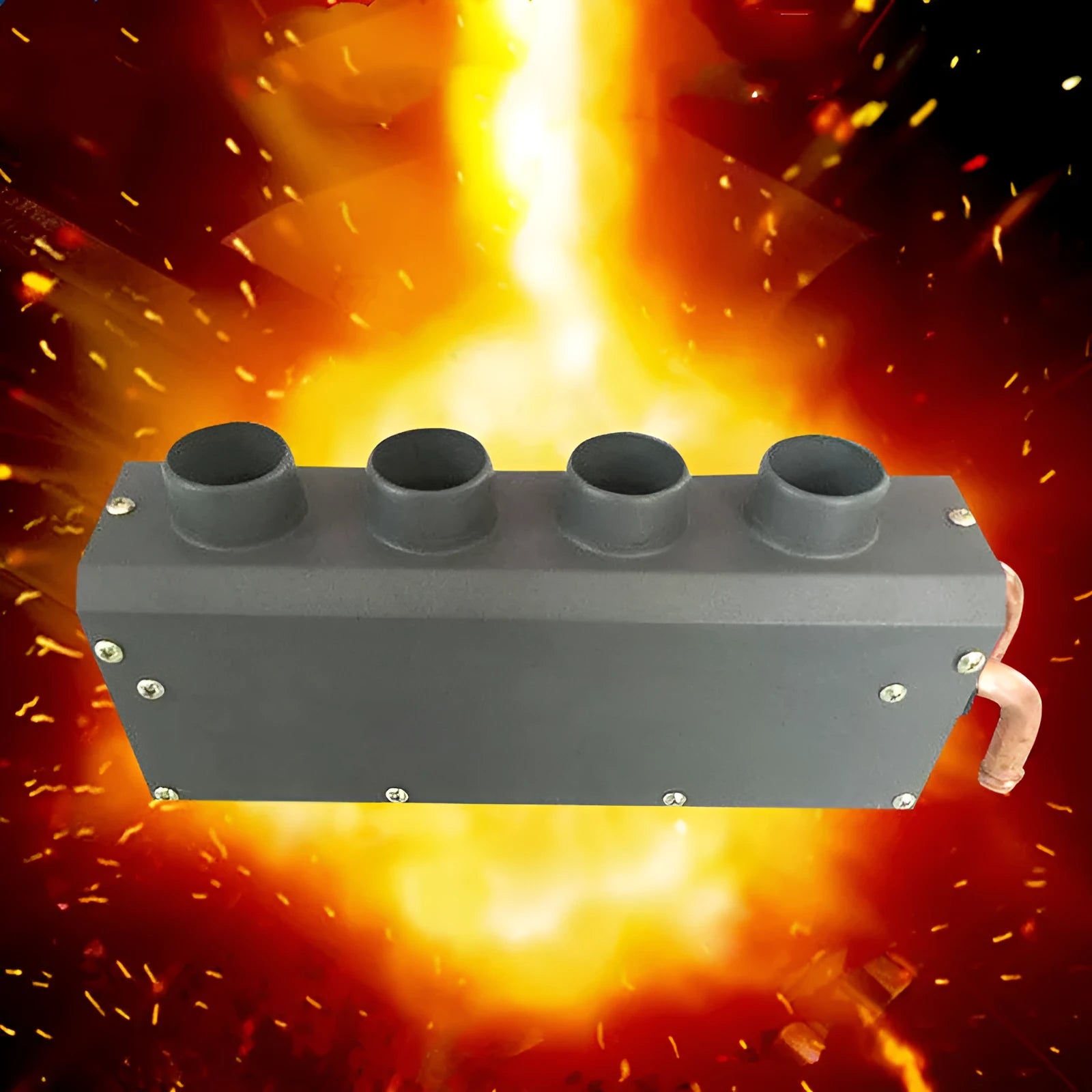 Small four-hole copper pipe car heater with metal housing and manual controls