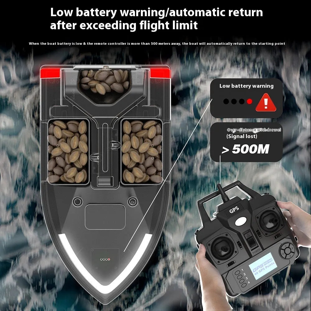 V020 black remote control fishing boat with GPS antenna on a calm lake.