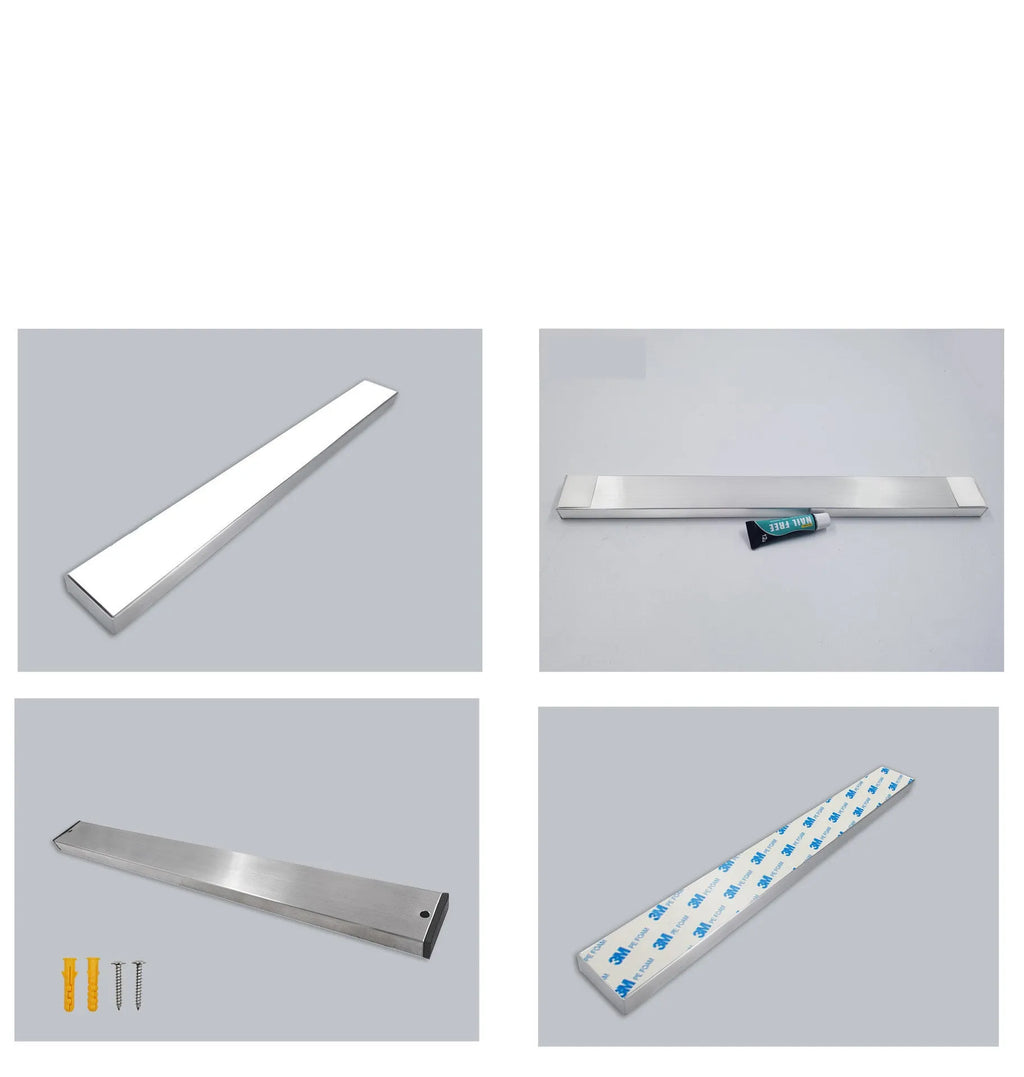 Stainless steel wall-mounted magnetic knife holder rack in various lengths for kitchen storage.