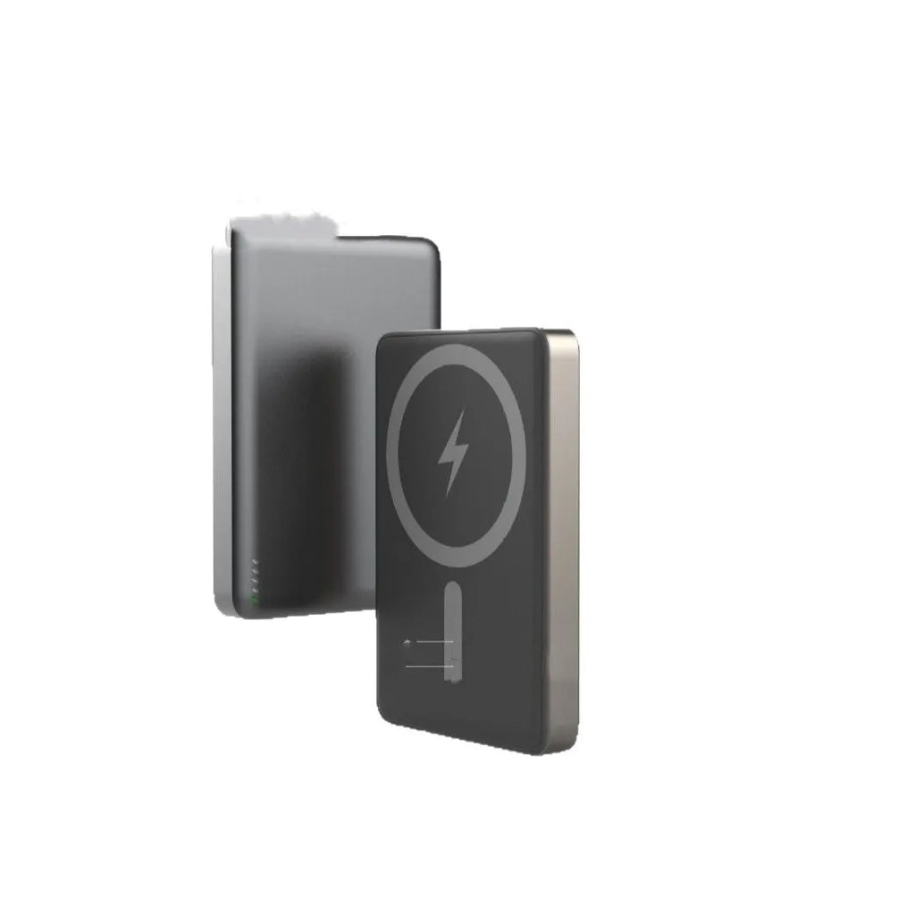 Ultra-thin magnetic wireless power bank with alloy shell, tarnish finish, 8mm thick, on a desk