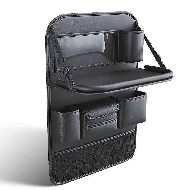 Black leather car seat back storage rack with handle and suspension straps