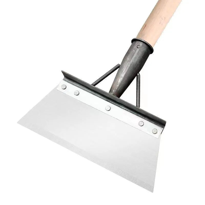Manganese steel cleaning shovel with thickened head shown in available sizes for garden and household use.