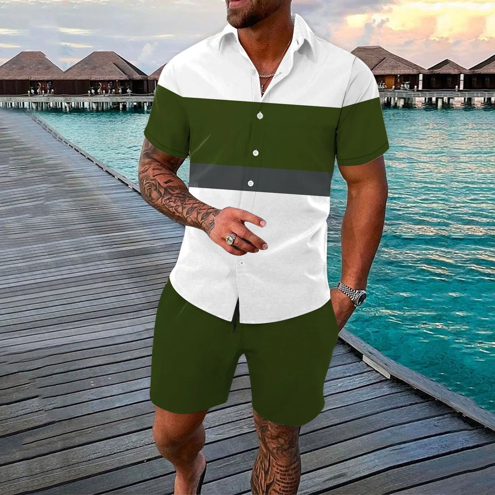 Men's summer cardigan shirt outfit with printed pattern and matching pants on a plain background